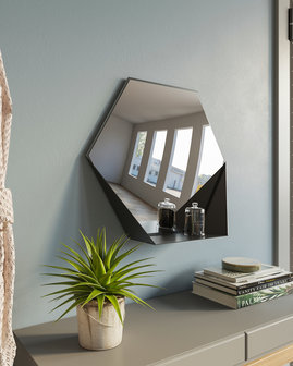 Gorillz Hive Wandspiegel met Plank - Hexagon Spiegel Hangend - 60 x 52 cm - Industrieel Zwart