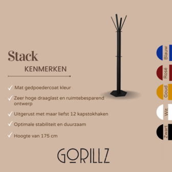 Gorillz&nbsp;Stack&nbsp;- Kapstok&nbsp;Staand&nbsp;- Staande kapstok	-&nbsp;Metaal - 12&nbsp;Kapstok haken -&nbsp;174,5 cm -&nbsp;Zwart