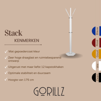 Gorillz&nbsp;Stack&nbsp;- Kapstok&nbsp;Staand&nbsp;- Staande kapstok	-&nbsp;Metaal - 12&nbsp;Kapstok haken -&nbsp;174,5 cm -&nbsp;Wit