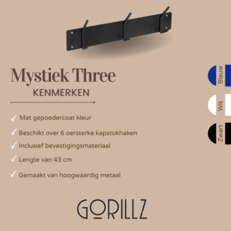 Gorillz&nbsp;Mystiek&nbsp;Three -&nbsp;Wandkapstok&nbsp;- 6 Kapstok haken&nbsp;-&nbsp;Zwart