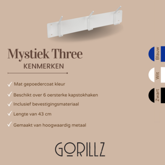 Gorillz&nbsp;Mystiek&nbsp;Three -&nbsp;Wandkapstok&nbsp;- 6 Kapstok haken&nbsp;-&nbsp;Wit